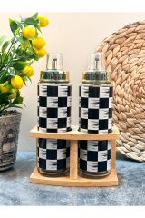 Şık Bambu Standlı Damalı Damlatmaz Cam Yağdanlık 500 + 500 ml