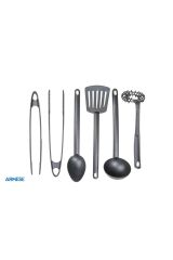6 'lı Yanmaz Yapışmaz Mutfak Servis Seti Kepçe Çırpıcı Maşa Cımbız Spatula Kaşık 28 Cm