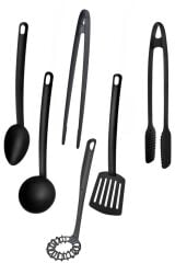 6 'lı Yanmaz Yapışmaz Mutfak Servis Seti Kepçe Çırpıcı Maşa Cımbız Spatula Kaşık 28 Cm