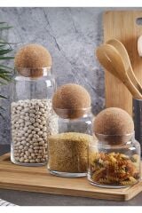 Sughero Top Mantar Kapaklı Cam Kavanoz ve Baharat Seti 3 Lü