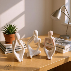 Mermer Görünümlü Düşünen İnsan Figürü 3’lü Set - Dekoratif - Modern Porselen Tozu Obje - 12.5 cm