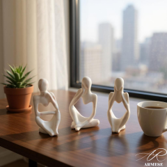 Mermer Görünümlü Düşünen İnsan Figürü 3’lü Set - Dekoratif - Modern Porselen Tozu Obje - 12.5 cm