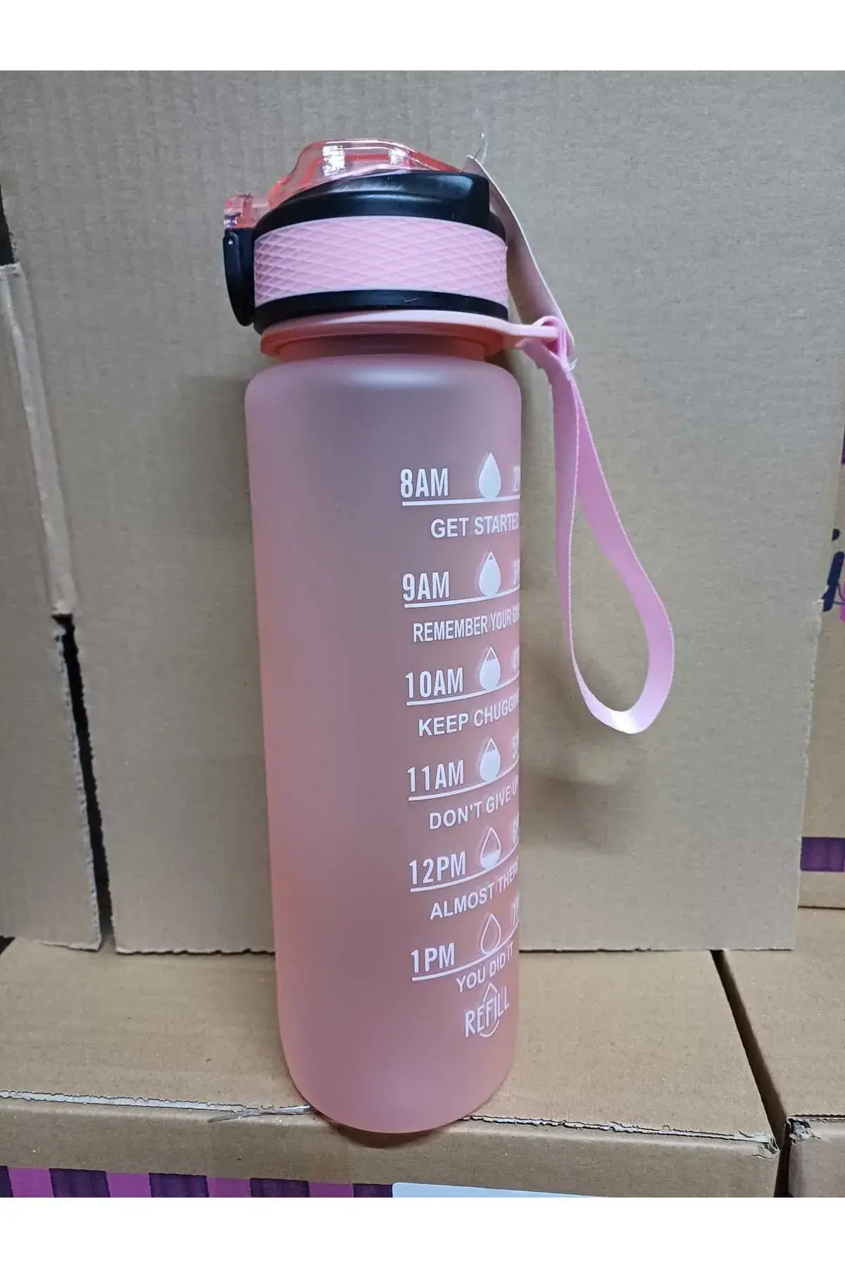 Pembe Renkli Kilitli Sızdırmaz Kapaklı Pipetli Matara Kayışlı ve Motivasyon Yazılı Matara 1 Litre