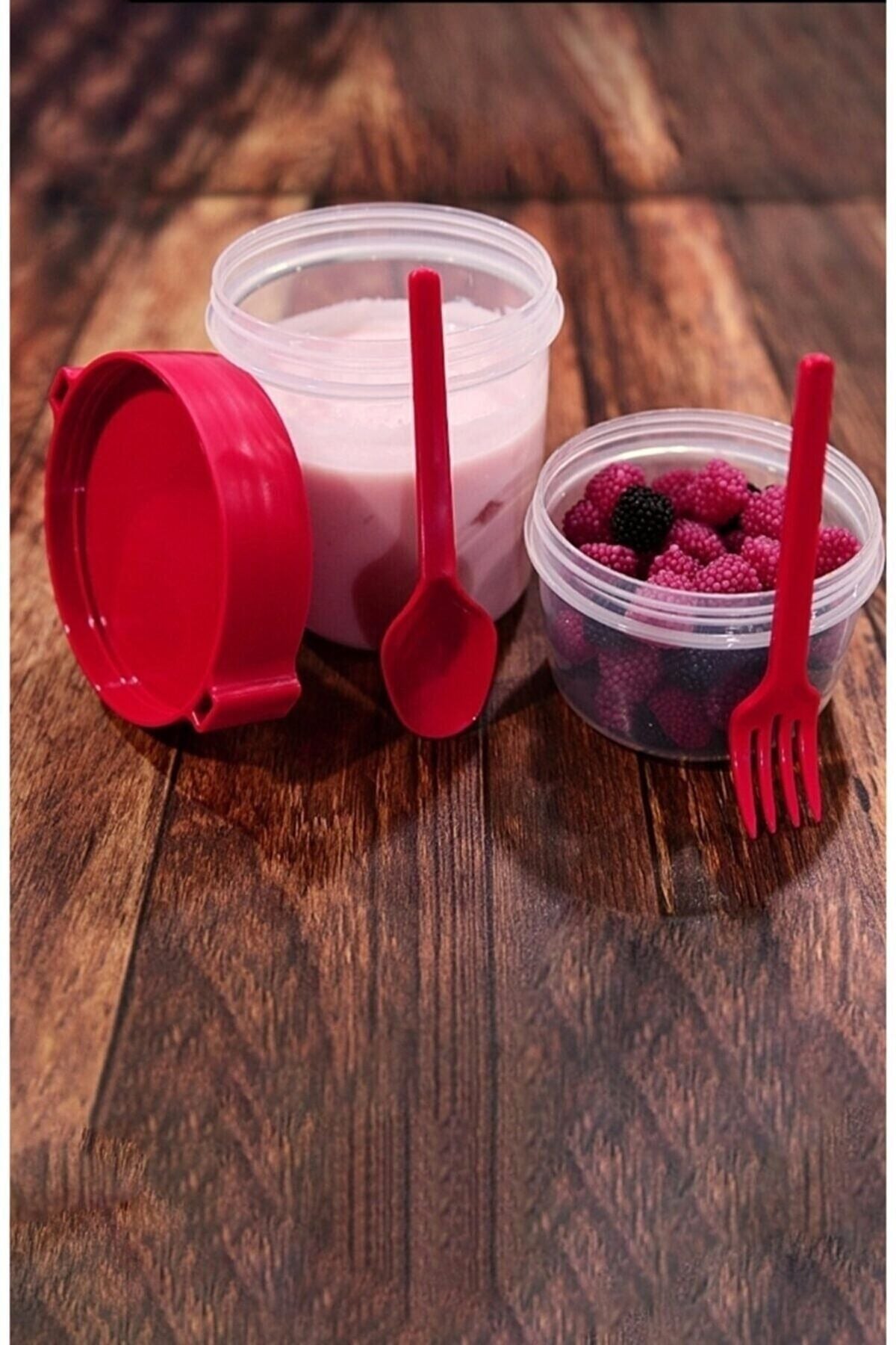 Çift Hazneli Çatal Kaşıklı Müsli Yemek Taşıma Saklama Kabı Kırmızı Ap-9453 1100 Ml Kırmızı
