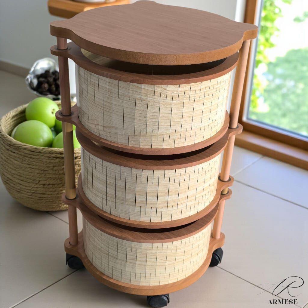 İskandinav 3 Katlı Ahşap Sebzelik – Dayanıklı MDF, UV Baskılı, Şık Tasarım