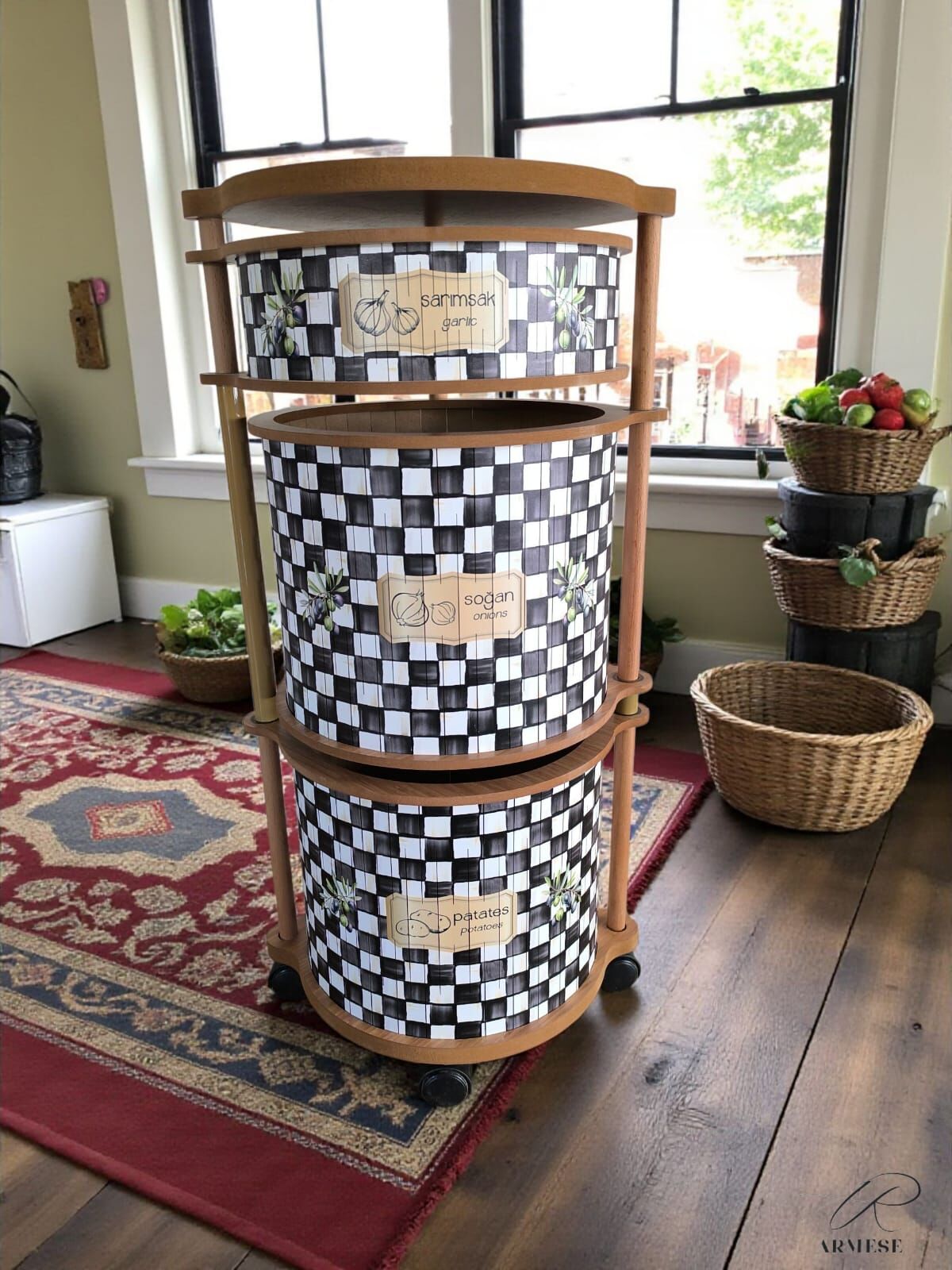 Damalı 3 Katlı Ahşap Sebzelik Şık Tasarım Patates, Soğan ve Sarımsak İçin Organizer