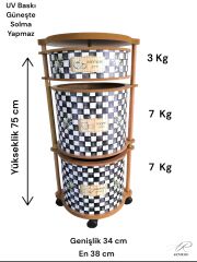 Damalı 3 Katlı Ahşap Sebzelik Şık Tasarım Patates, Soğan ve Sarımsak İçin Organizer